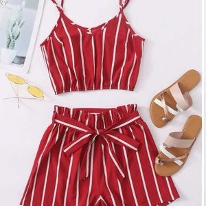 Stripped Crop Top & Belted Paper Bag Waist Shorts